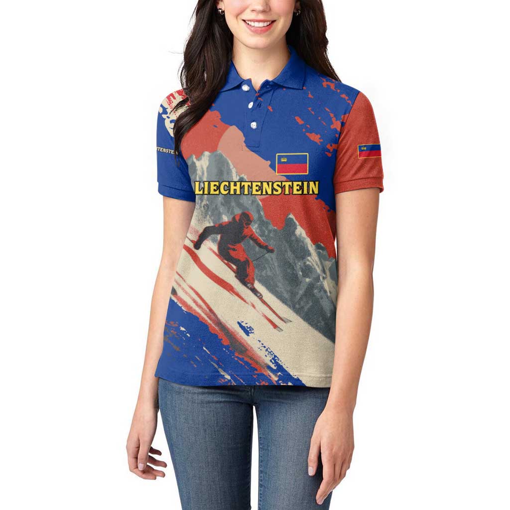 Liechtenstein Women Polo Shirt with Alpine Skiing Red Blue Design and Mountain Landscape - Wonder Print Shop