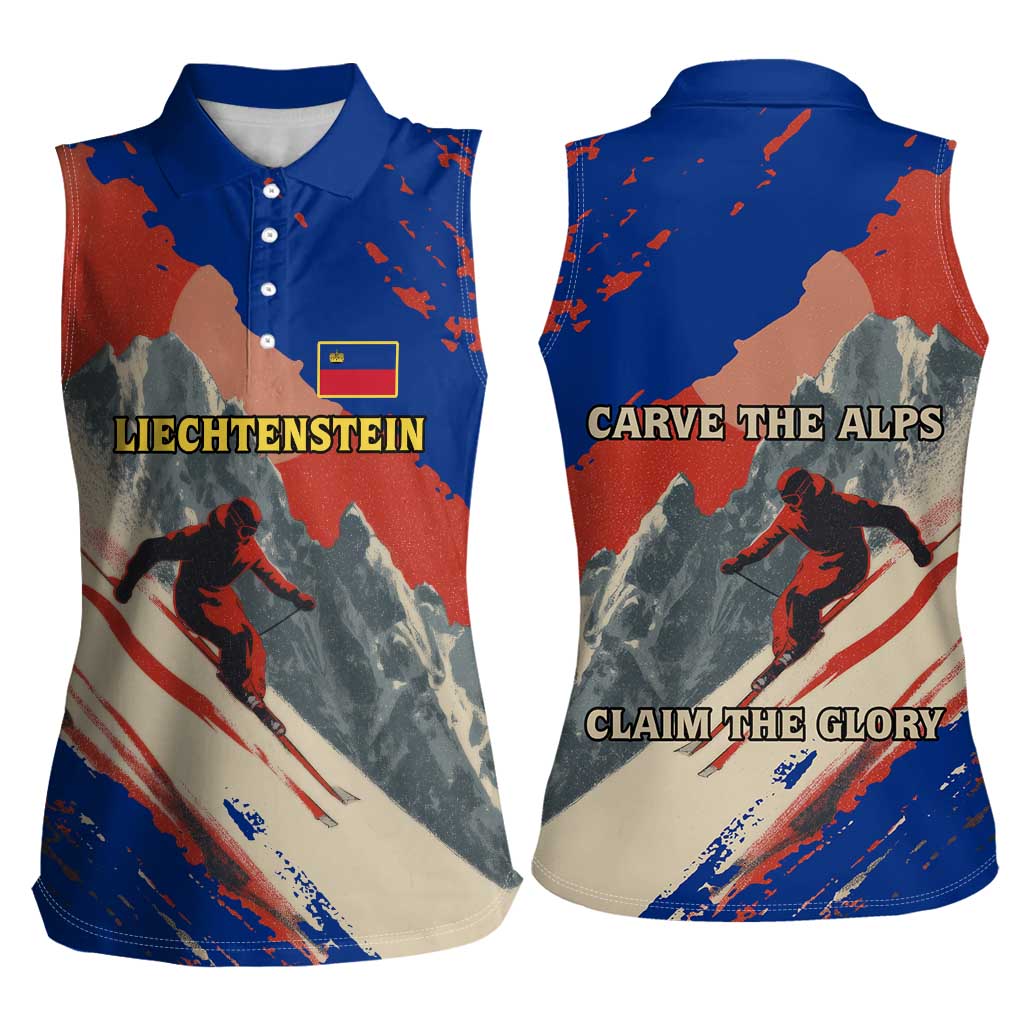 Liechtenstein Women Sleeveless Polo Shirt with Alpine Skiing Red Blue Design and Mountain Landscape - Wonder Print Shop