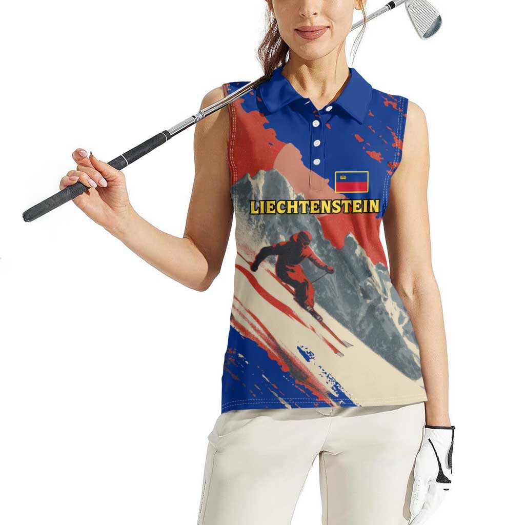 Liechtenstein Women Sleeveless Polo Shirt with Alpine Skiing Red Blue Design and Mountain Landscape - Wonder Print Shop