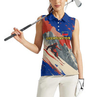 Liechtenstein Women Sleeveless Polo Shirt with Alpine Skiing Red Blue Design and Mountain Landscape - Wonder Print Shop