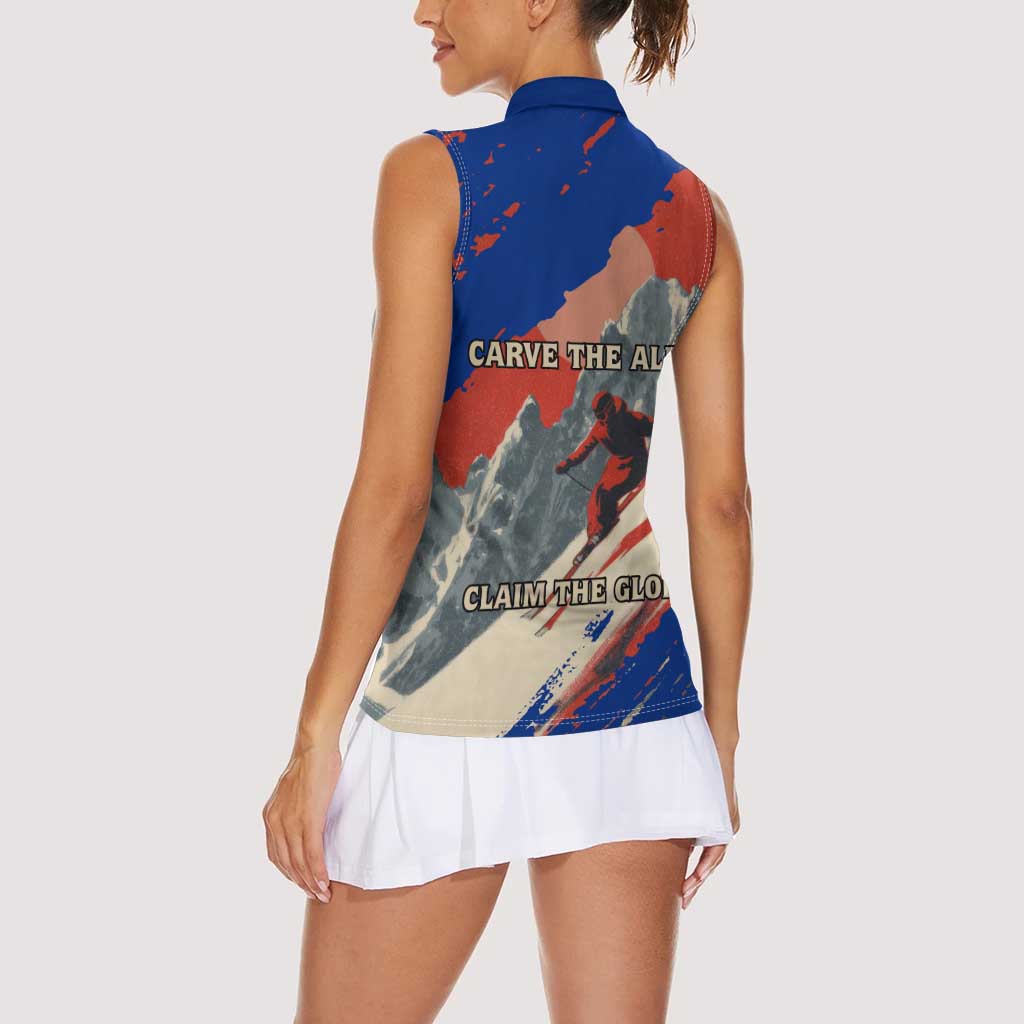 Liechtenstein Women Sleeveless Polo Shirt with Alpine Skiing Red Blue Design and Mountain Landscape - Wonder Print Shop