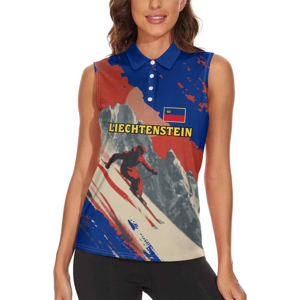 Liechtenstein Women Sleeveless Polo Shirt with Alpine Skiing Red Blue Design and Mountain Landscape - Wonder Print Shop