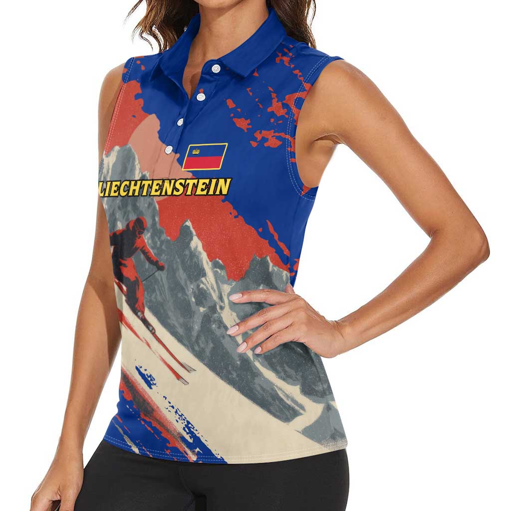 Liechtenstein Women Sleeveless Polo Shirt with Alpine Skiing Red Blue Design and Mountain Landscape - Wonder Print Shop