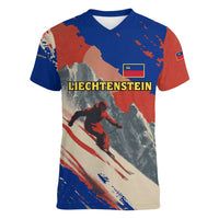 Liechtenstein Women V-Neck T-Shirt with Alpine Skiing Red Blue Design and Mountain Landscape - Wonder Print Shop