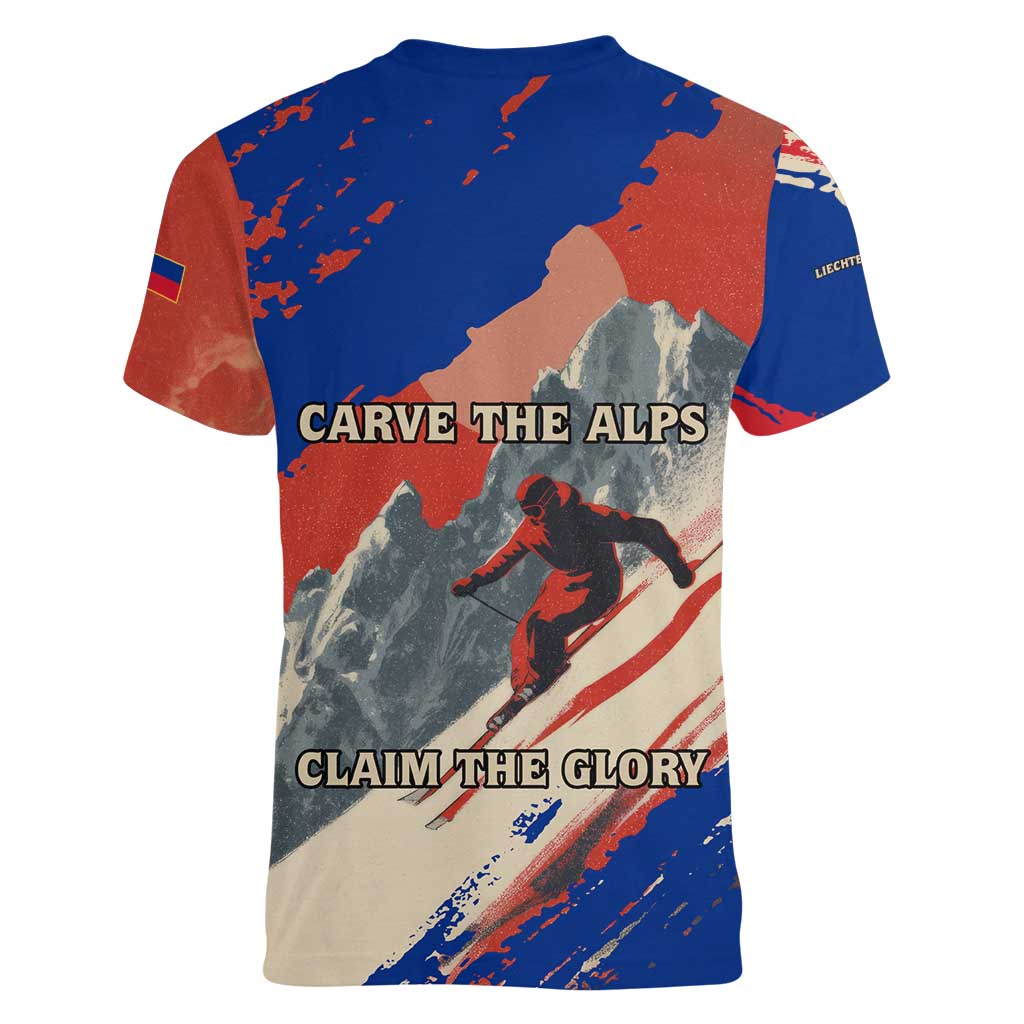 Liechtenstein Women V-Neck T-Shirt with Alpine Skiing Red Blue Design and Mountain Landscape - Wonder Print Shop