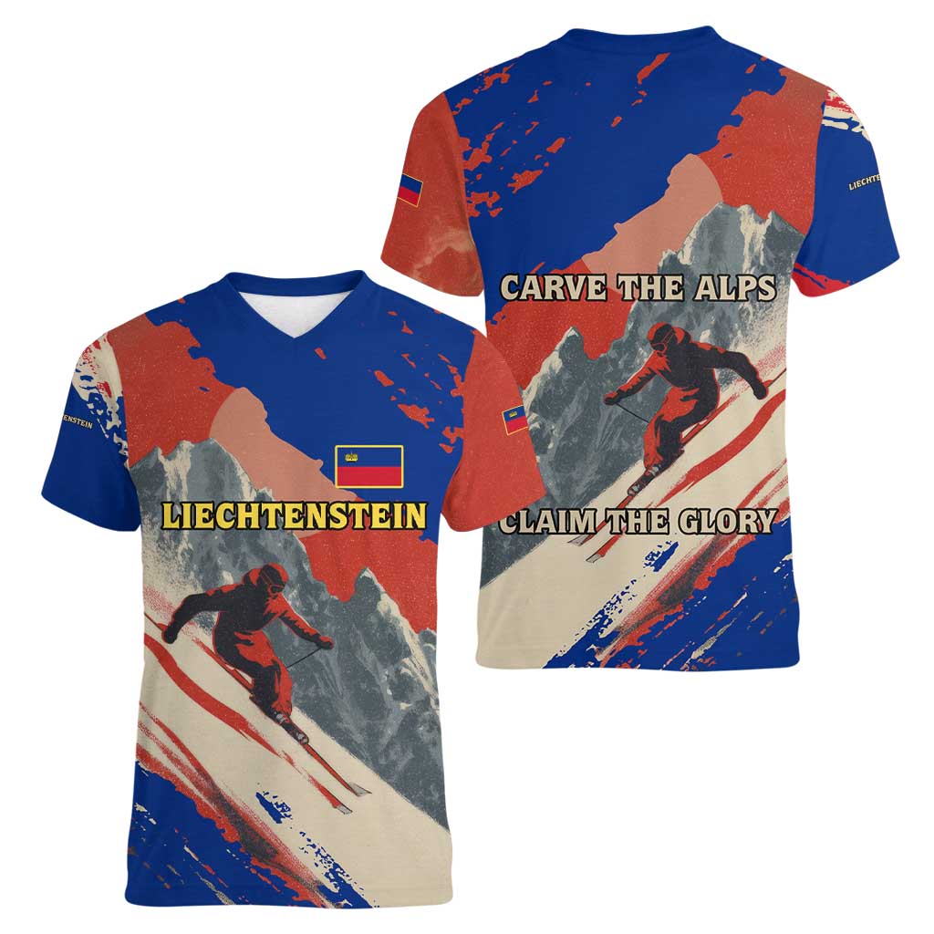 Liechtenstein Women V-Neck T-Shirt with Alpine Skiing Red Blue Design and Mountain Landscape - Wonder Print Shop