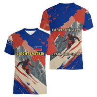 Liechtenstein Women V-Neck T-Shirt with Alpine Skiing Red Blue Design and Mountain Landscape - Wonder Print Shop