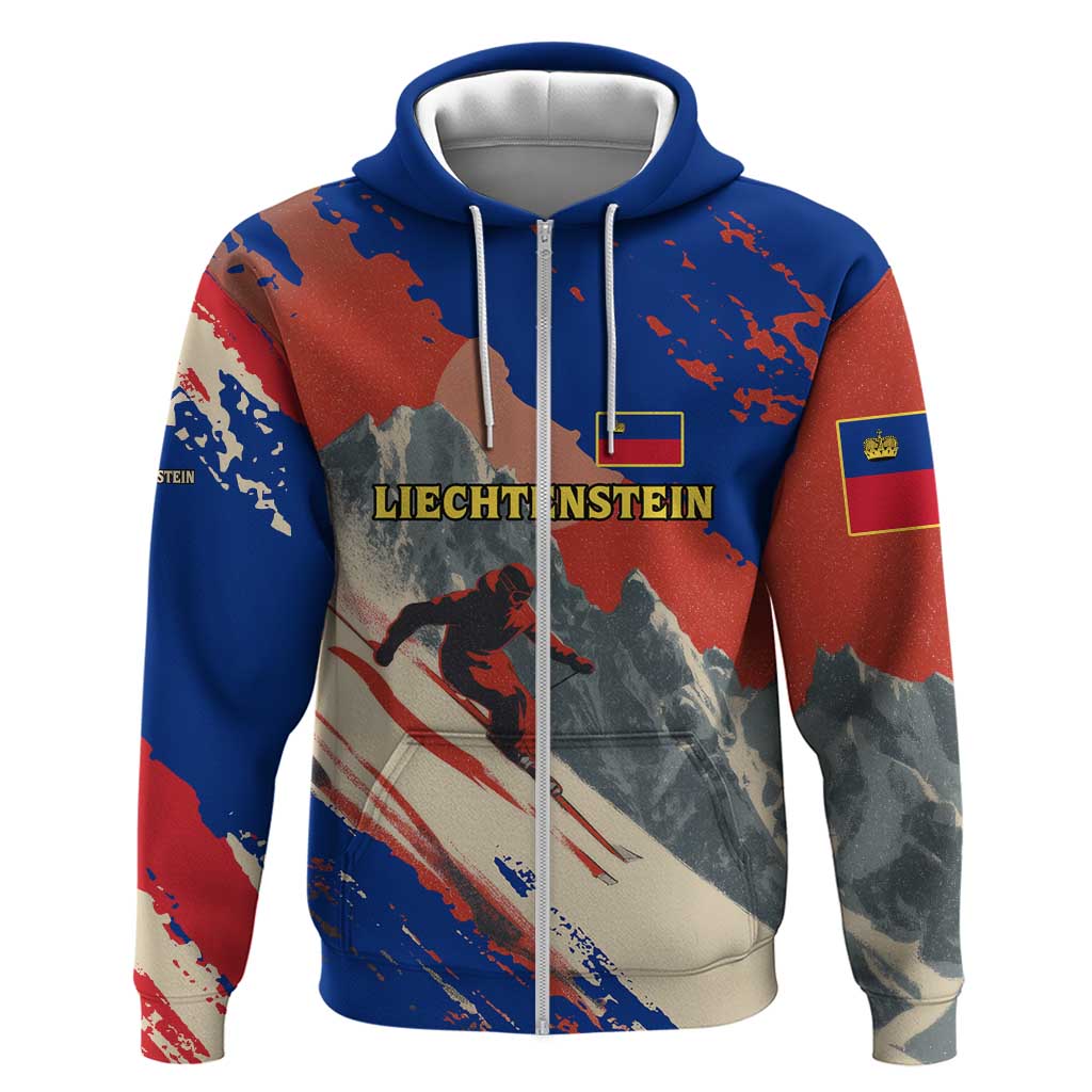 Liechtenstein Zip Hoodie with Alpine Skiing Red Blue Design and Mountain Landscape - Wonder Print Shop