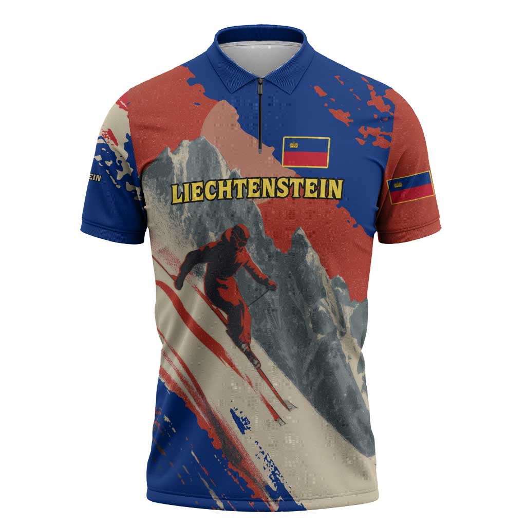 Liechtenstein Zipper Polo Shirt with Alpine Skiing Red Blue Design and Mountain Landscape - Wonder Print Shop