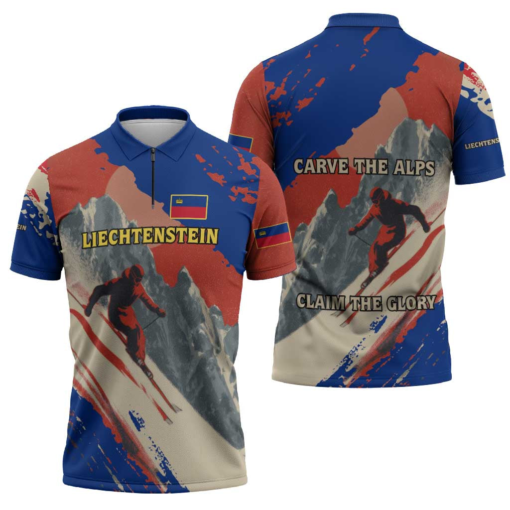 Liechtenstein Zipper Polo Shirt with Alpine Skiing Red Blue Design and Mountain Landscape - Wonder Print Shop