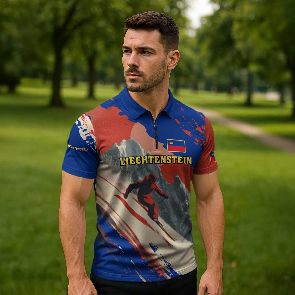 Liechtenstein Zipper Polo Shirt with Alpine Skiing Red Blue Design and Mountain Landscape - Wonder Print Shop