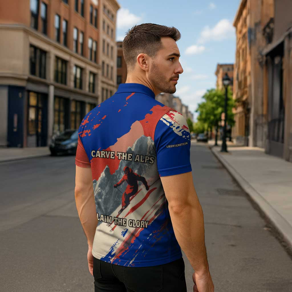 Liechtenstein Zipper Polo Shirt with Alpine Skiing Red Blue Design and Mountain Landscape - Wonder Print Shop