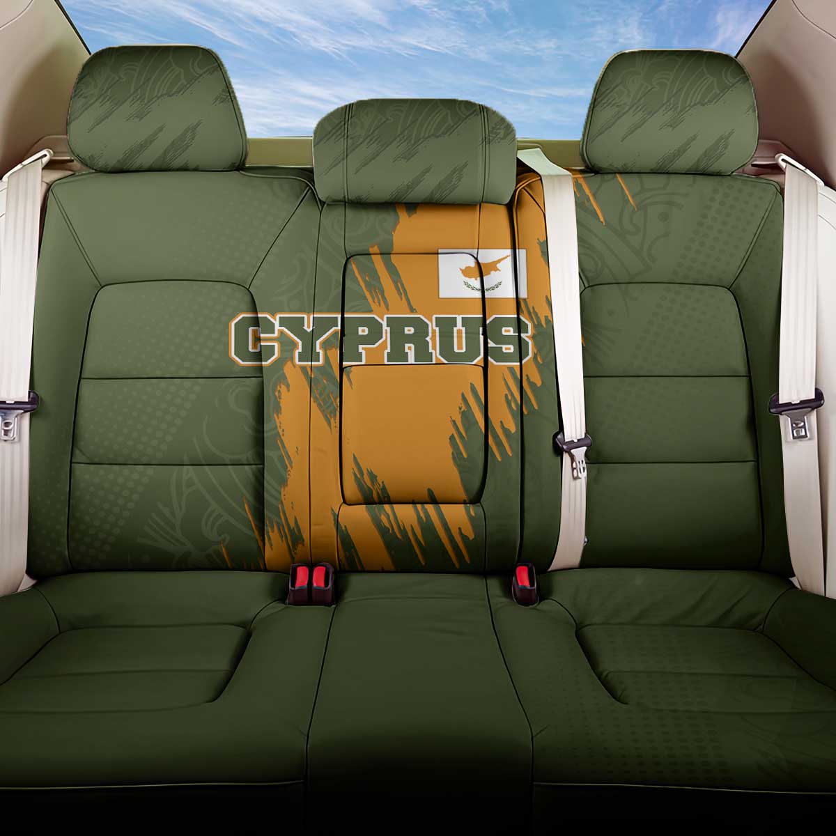 Cyprus Back Car Seat Cover with Green Orange Brushstroke Design and National Emblem - Wonder Print Shop