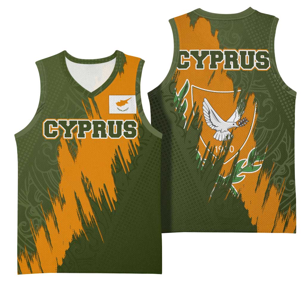 Cyprus Basketball Jersey with Green Orange Brushstroke Design and National Emblem - Wonder Print Shop