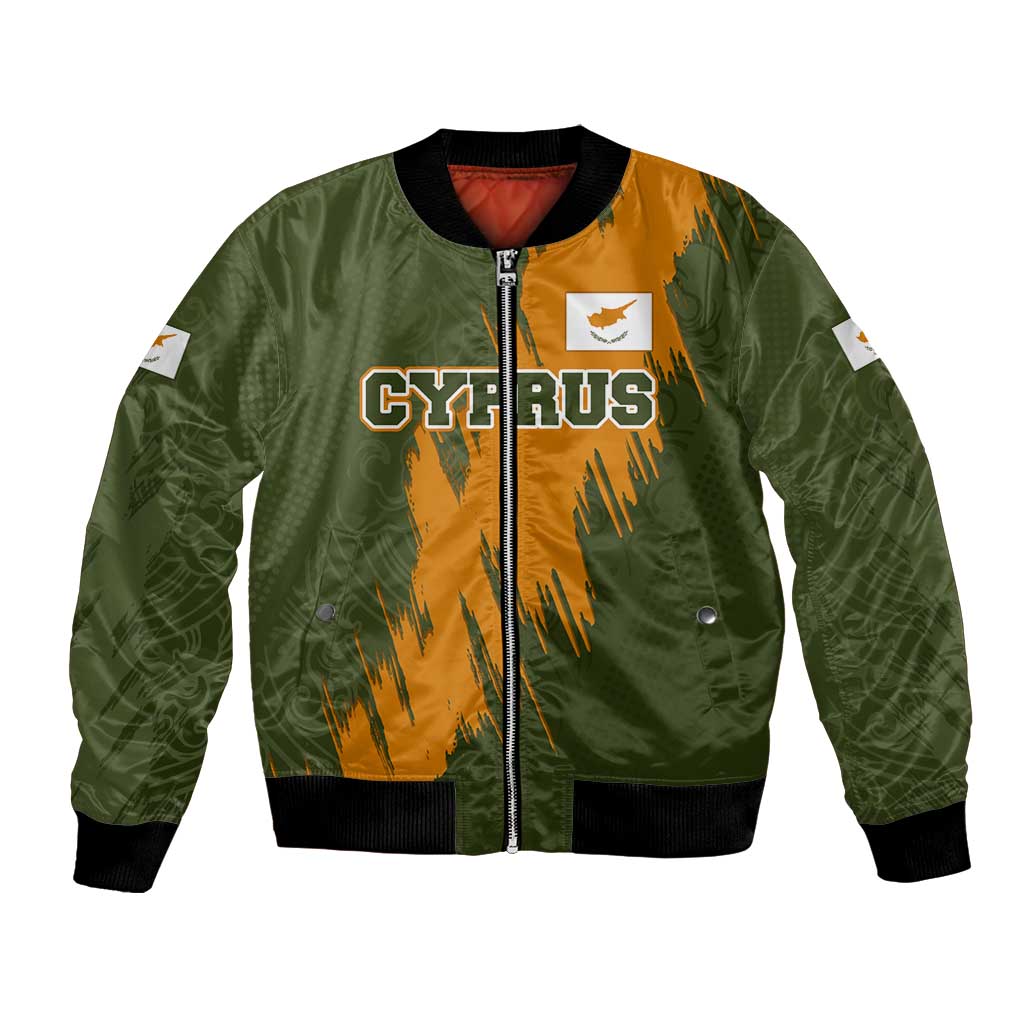 Cyprus Bomber Jacket with Green Orange Brushstroke Design and National Emblem - Wonder Print Shop
