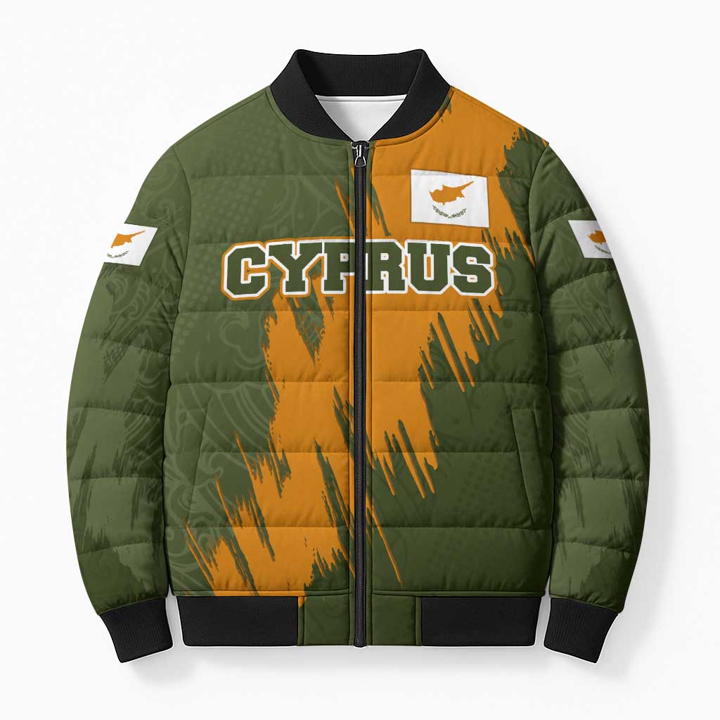 Cyprus Bomber Puffer Jacket with Green Orange Brushstroke Design and National Emblem - Wonder Print Shop