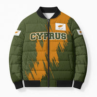 Cyprus Bomber Puffer Jacket with Green Orange Brushstroke Design and National Emblem - Wonder Print Shop