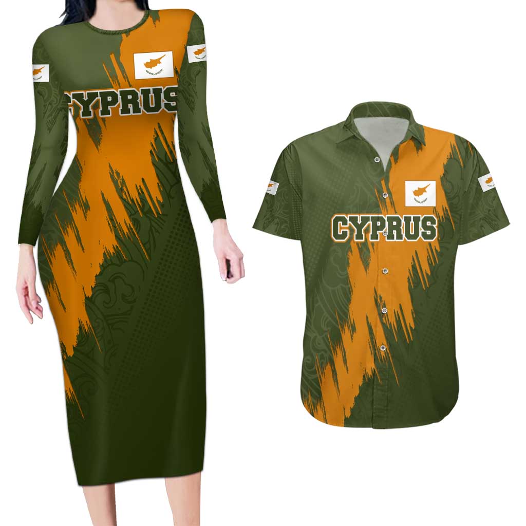 Cyprus Couples Matching Long Sleeve Bodycon Dress and Hawaiian Shirt with Green Orange Brushstroke Design and National Emblem - Wonder Print Shop