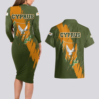 Cyprus Couples Matching Long Sleeve Bodycon Dress and Hawaiian Shirt with Green Orange Brushstroke Design and National Emblem - Wonder Print Shop