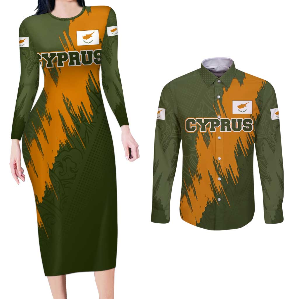 Cyprus Couples Matching Long Sleeve Bodycon Dress and Long Sleeve Button Shirt with Green Orange Brushstroke Design and National Emblem - Wonder Print Shop