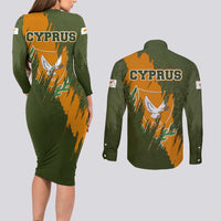 Cyprus Couples Matching Long Sleeve Bodycon Dress and Long Sleeve Button Shirt with Green Orange Brushstroke Design and National Emblem - Wonder Print Shop