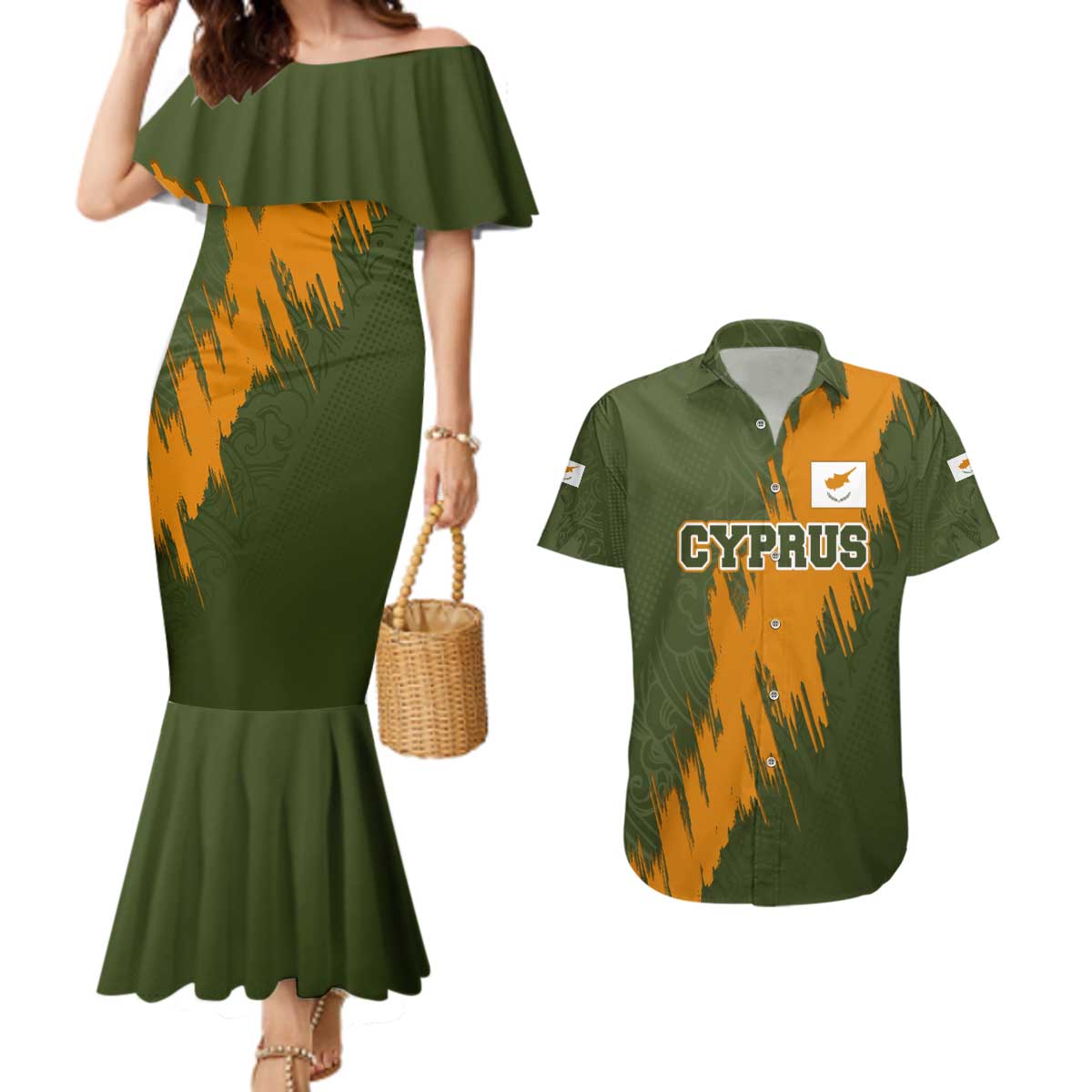 Cyprus Couples Matching Mermaid Dress and Hawaiian Shirt with Green Orange Brushstroke Design and National Emblem - Wonder Print Shop