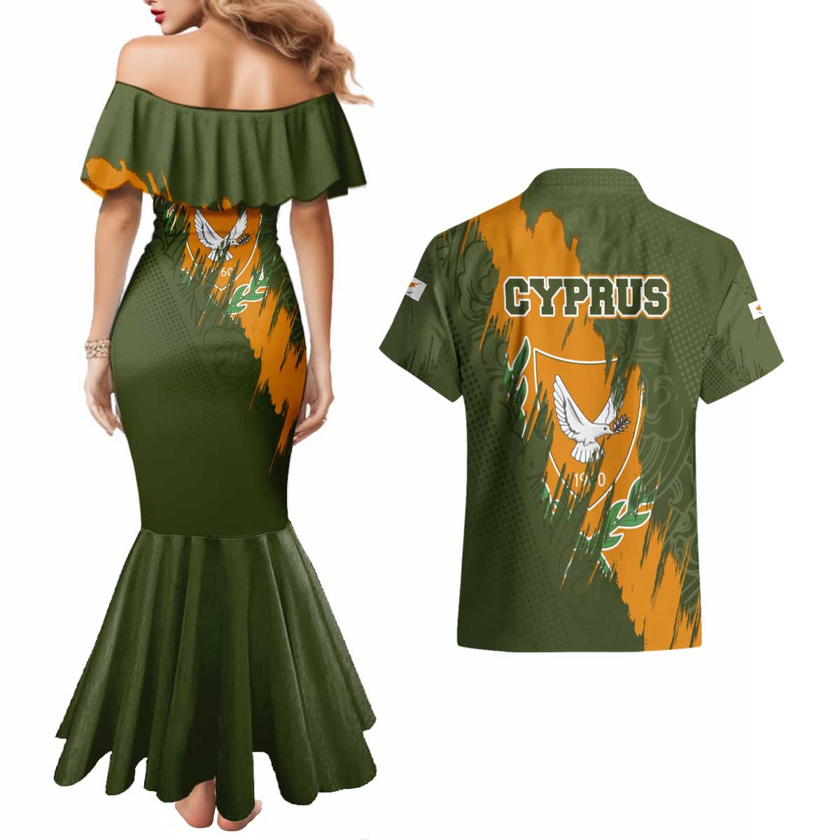 Cyprus Couples Matching Mermaid Dress and Hawaiian Shirt with Green Orange Brushstroke Design and National Emblem - Wonder Print Shop