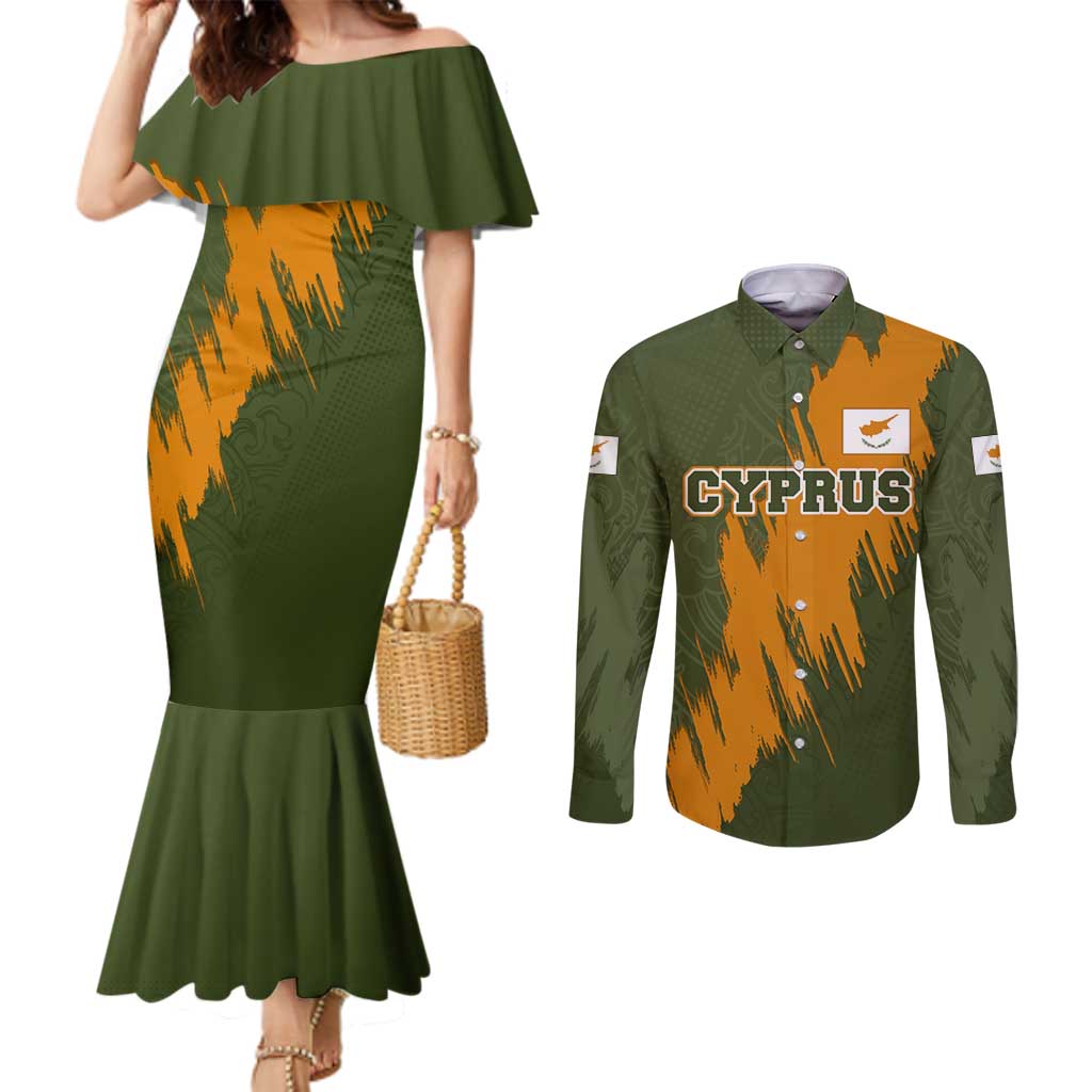 Cyprus Couples Matching Mermaid Dress and Long Sleeve Button Shirt with Green Orange Brushstroke Design and National Emblem - Wonder Print Shop