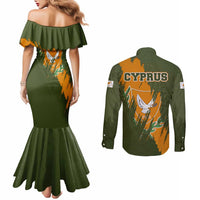 Cyprus Couples Matching Mermaid Dress and Long Sleeve Button Shirt with Green Orange Brushstroke Design and National Emblem - Wonder Print Shop