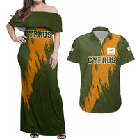 Cyprus Couples Matching Off Shoulder Maxi Dress and Hawaiian Shirt with Green Orange Brushstroke Design and National Emblem - Wonder Print Shop
