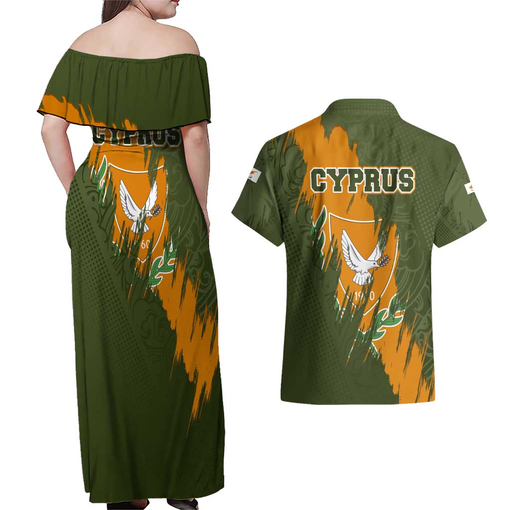 Cyprus Couples Matching Off Shoulder Maxi Dress and Hawaiian Shirt with Green Orange Brushstroke Design and National Emblem - Wonder Print Shop