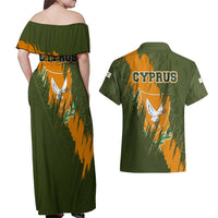 Cyprus Couples Matching Off Shoulder Maxi Dress and Hawaiian Shirt with Green Orange Brushstroke Design and National Emblem - Wonder Print Shop
