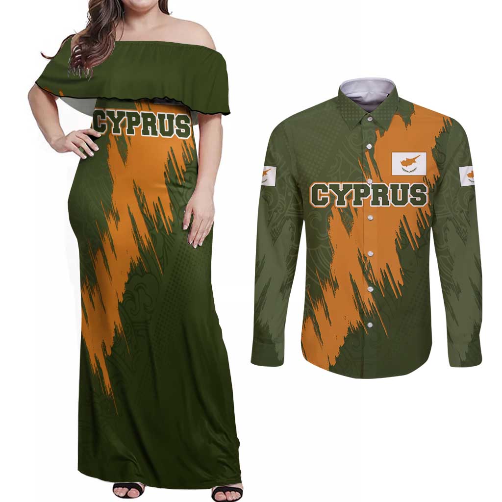 Cyprus Couples Matching Off Shoulder Maxi Dress and Long Sleeve Button Shirt with Green Orange Brushstroke Design and National Emblem - Wonder Print Shop