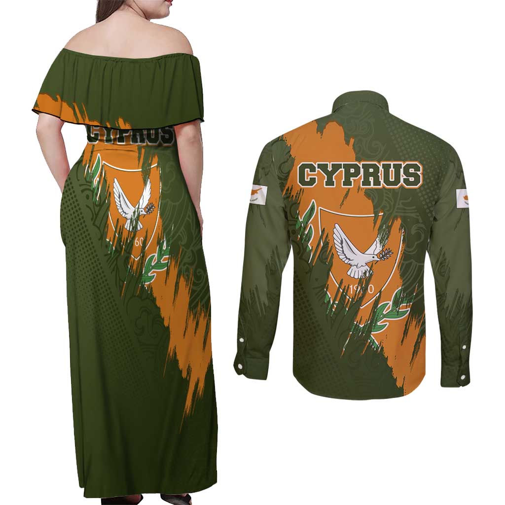 Cyprus Couples Matching Off Shoulder Maxi Dress and Long Sleeve Button Shirt with Green Orange Brushstroke Design and National Emblem - Wonder Print Shop