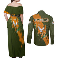 Cyprus Couples Matching Off Shoulder Maxi Dress and Long Sleeve Button Shirt with Green Orange Brushstroke Design and National Emblem - Wonder Print Shop