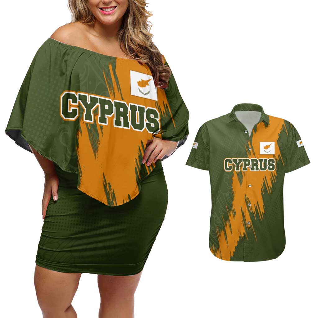 Cyprus Couples Matching Off Shoulder Short Dress and Hawaiian Shirt with Green Orange Brushstroke Design and National Emblem - Wonder Print Shop