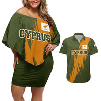 Cyprus Couples Matching Off Shoulder Short Dress and Hawaiian Shirt with Green Orange Brushstroke Design and National Emblem - Wonder Print Shop