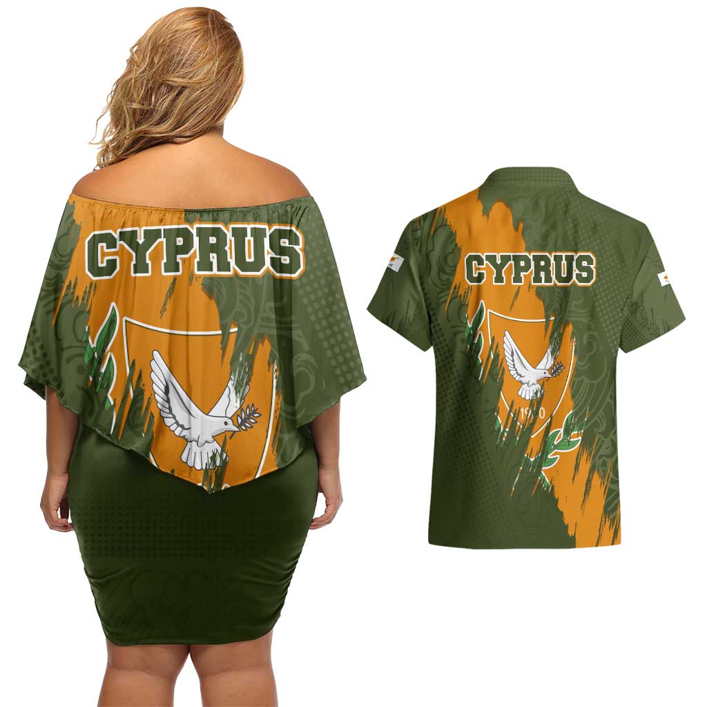 Cyprus Couples Matching Off Shoulder Short Dress and Hawaiian Shirt with Green Orange Brushstroke Design and National Emblem - Wonder Print Shop