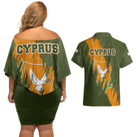 Cyprus Couples Matching Off Shoulder Short Dress and Hawaiian Shirt with Green Orange Brushstroke Design and National Emblem - Wonder Print Shop