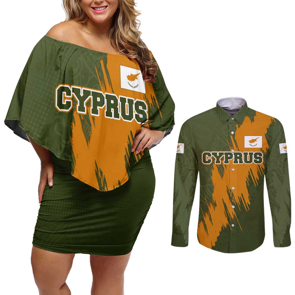 Cyprus Couples Matching Off Shoulder Short Dress and Long Sleeve Button Shirt with Green Orange Brushstroke Design and National Emblem - Wonder Print Shop