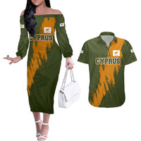 Cyprus Couples Matching Off The Shoulder Long Sleeve Dress and Hawaiian Shirt with Green Orange Brushstroke Design and National Emblem - Wonder Print Shop