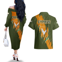 Cyprus Couples Matching Off The Shoulder Long Sleeve Dress and Hawaiian Shirt with Green Orange Brushstroke Design and National Emblem - Wonder Print Shop