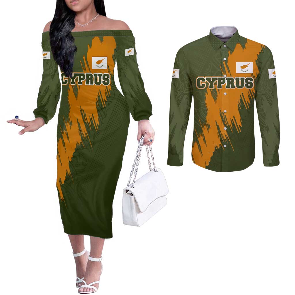 Cyprus Couples Matching Off The Shoulder Long Sleeve Dress and Long Sleeve Button Shirt with Green Orange Brushstroke Design and National Emblem - Wonder Print Shop
