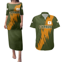 Cyprus Couples Matching Puletasi and Hawaiian Shirt with Green Orange Brushstroke Design and National Emblem - Wonder Print Shop