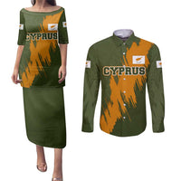 Cyprus Couples Matching Puletasi and Long Sleeve Button Shirt with Green Orange Brushstroke Design and National Emblem - Wonder Print Shop