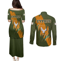 Cyprus Couples Matching Puletasi and Long Sleeve Button Shirt with Green Orange Brushstroke Design and National Emblem - Wonder Print Shop