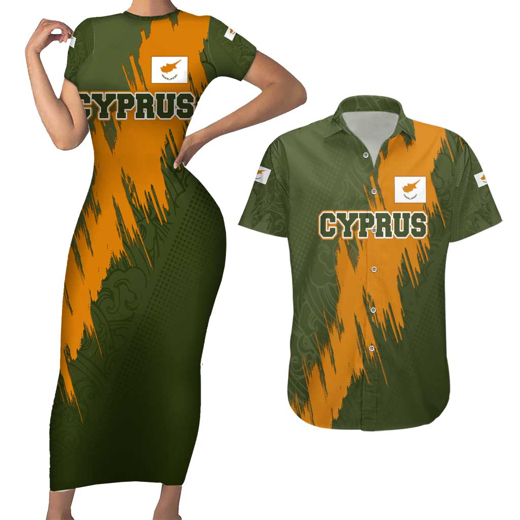 Cyprus Couples Matching Short Sleeve Bodycon Dress and Hawaiian Shirt with Green Orange Brushstroke Design and National Emblem - Wonder Print Shop