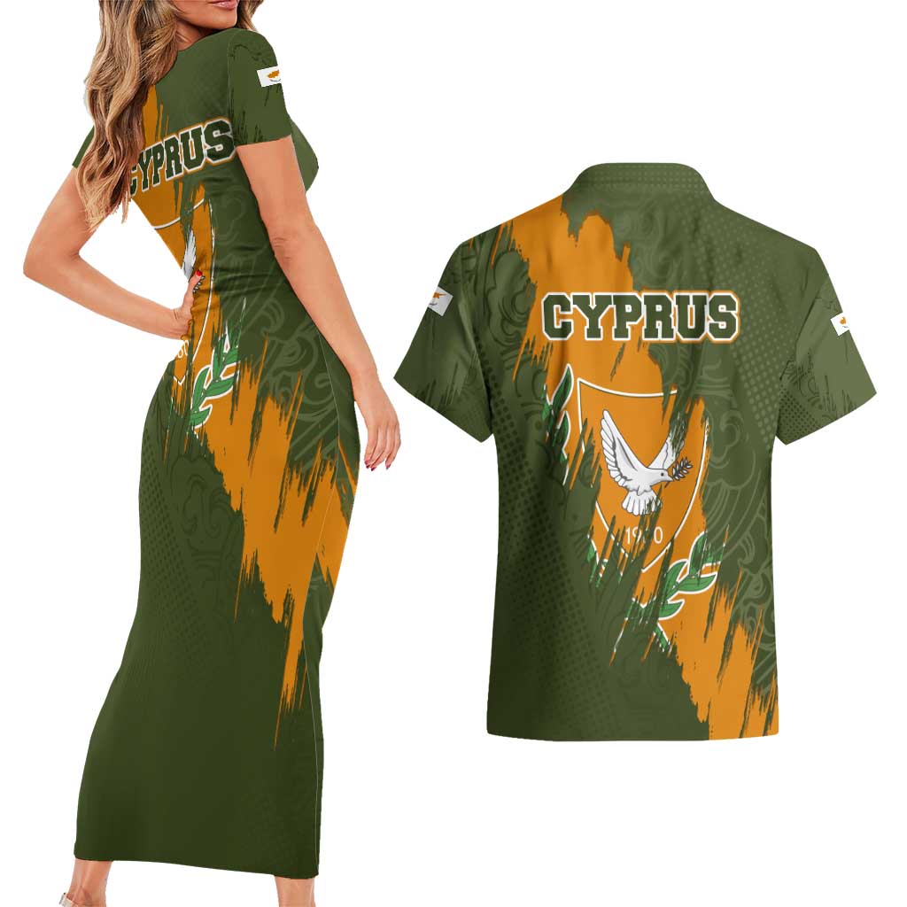 Cyprus Couples Matching Short Sleeve Bodycon Dress and Hawaiian Shirt with Green Orange Brushstroke Design and National Emblem - Wonder Print Shop