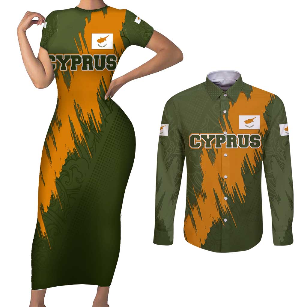 Cyprus Couples Matching Short Sleeve Bodycon Dress and Long Sleeve Button Shirt with Green Orange Brushstroke Design and National Emblem - Wonder Print Shop