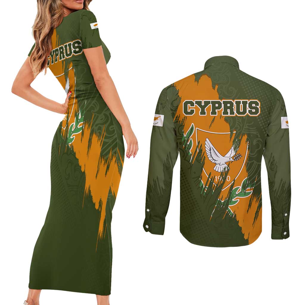 Cyprus Couples Matching Short Sleeve Bodycon Dress and Long Sleeve Button Shirt with Green Orange Brushstroke Design and National Emblem - Wonder Print Shop